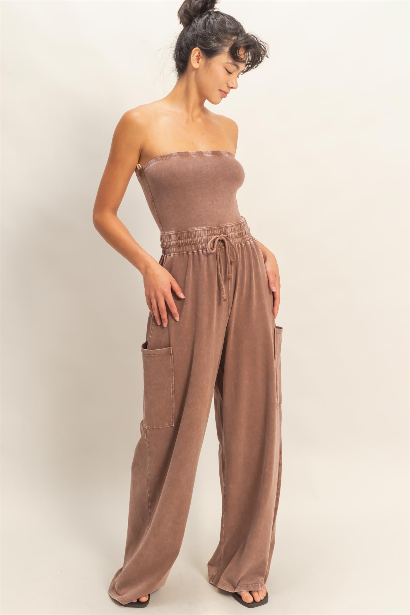Mineral Wash Strapless Wide-Leg Jumpsuit