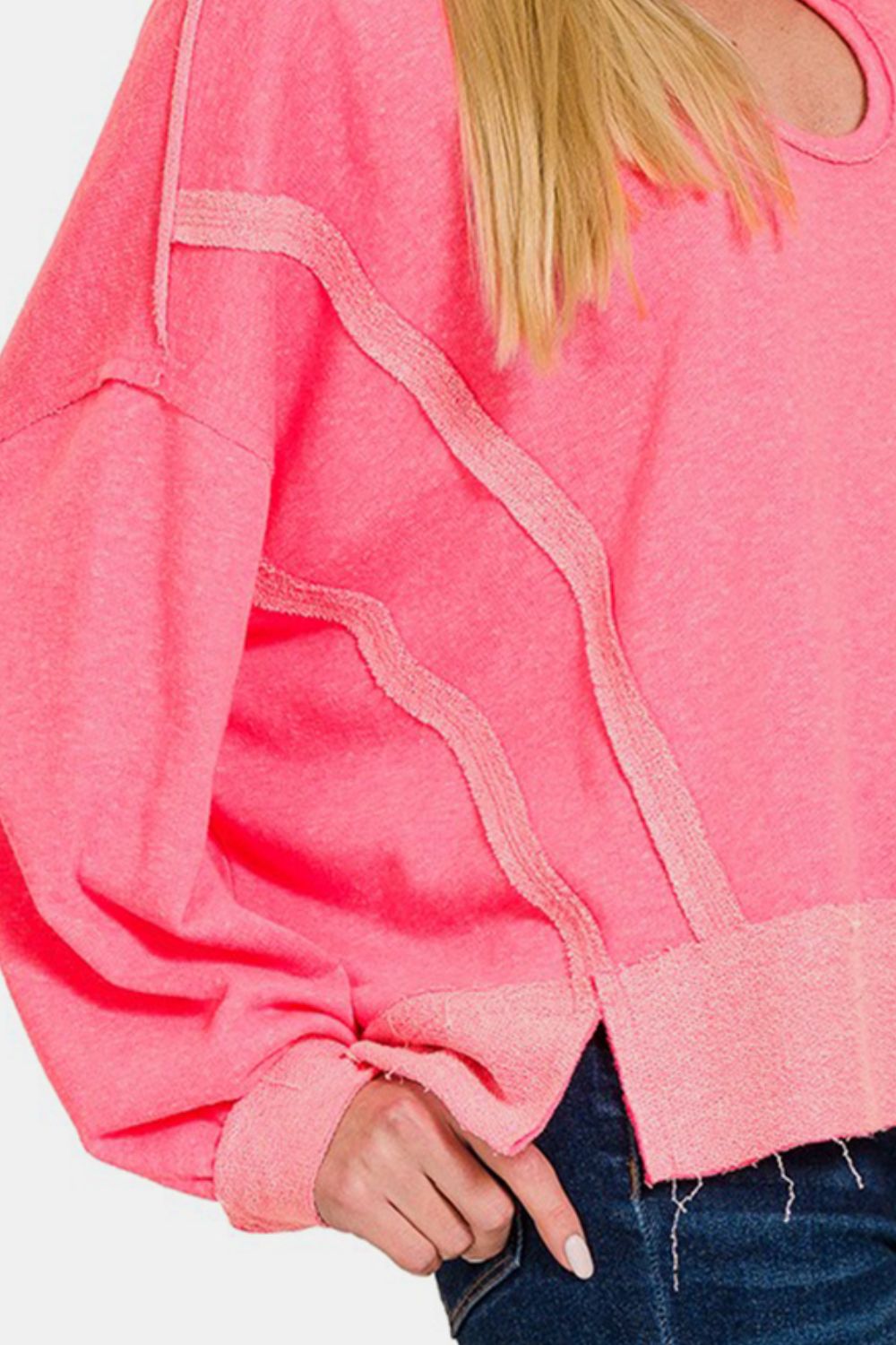 Hot Pink Contrast Trim Slit Hoodie