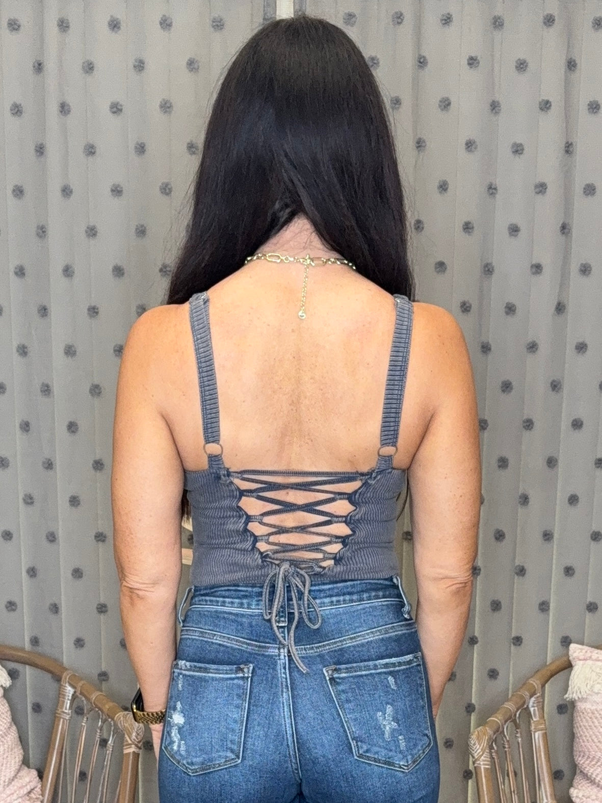 Blue Haze Ribbed Lace Back Bodysuit