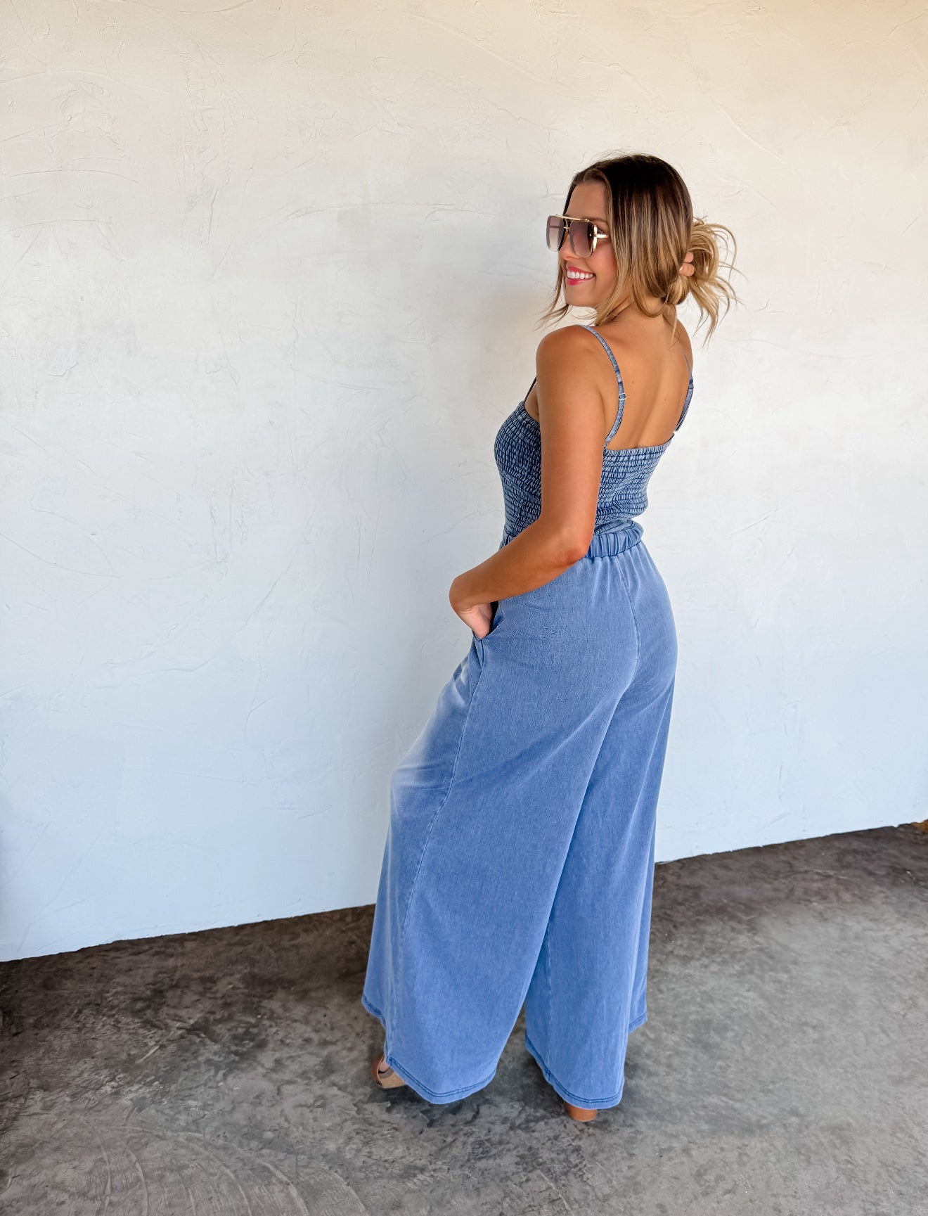 PREORDER - Denim Crush Smocked Jumpsuit