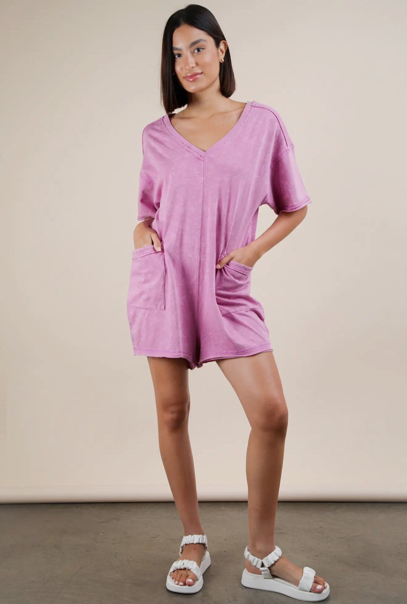 PREORDER - Cadie Mineral Wash Oversized Romper in Orchid