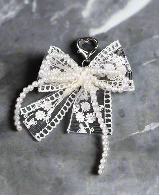 White Lace & Pearl Bow Bag Charm