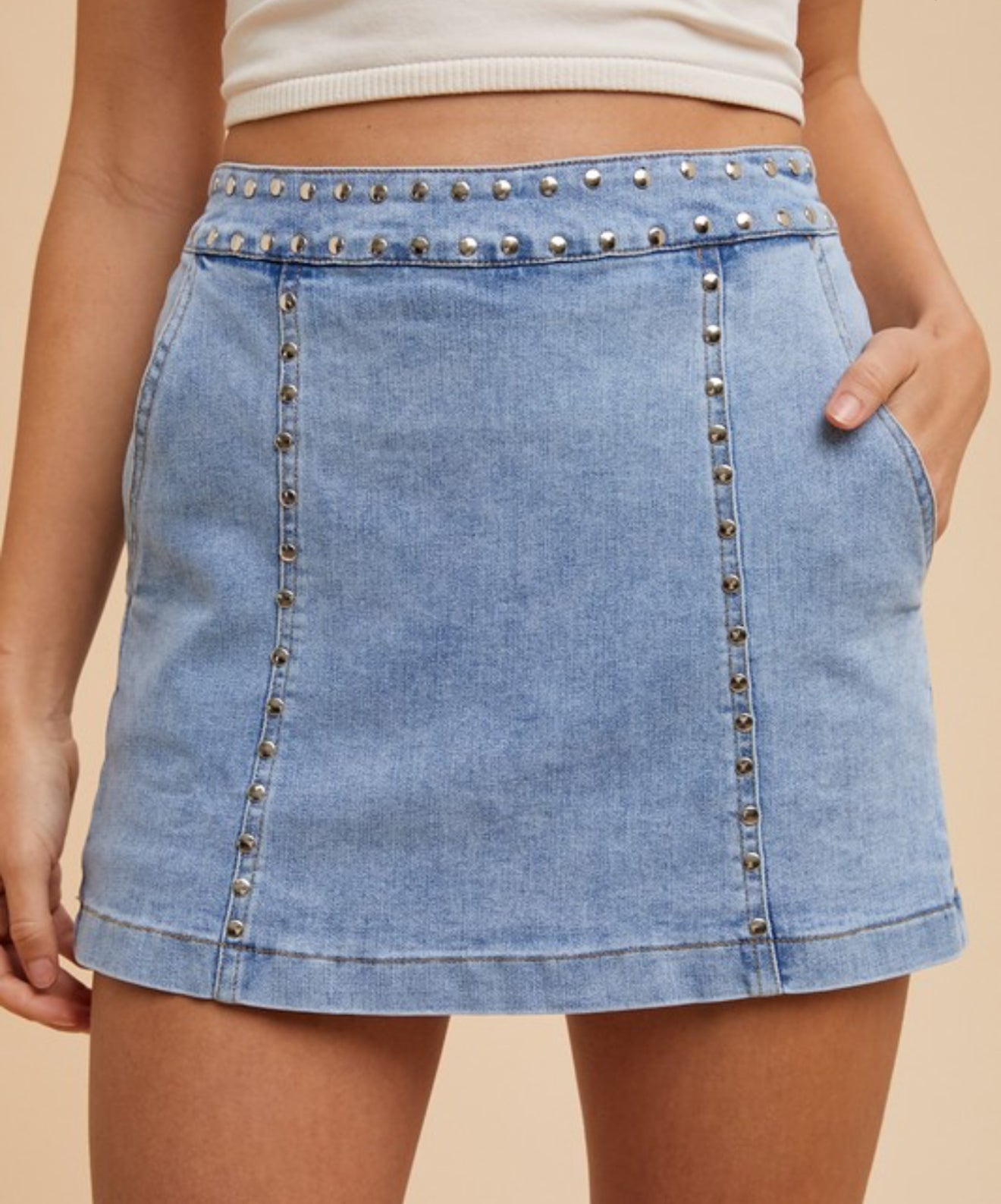 Stud Detail Elastic Waist Denim Skort