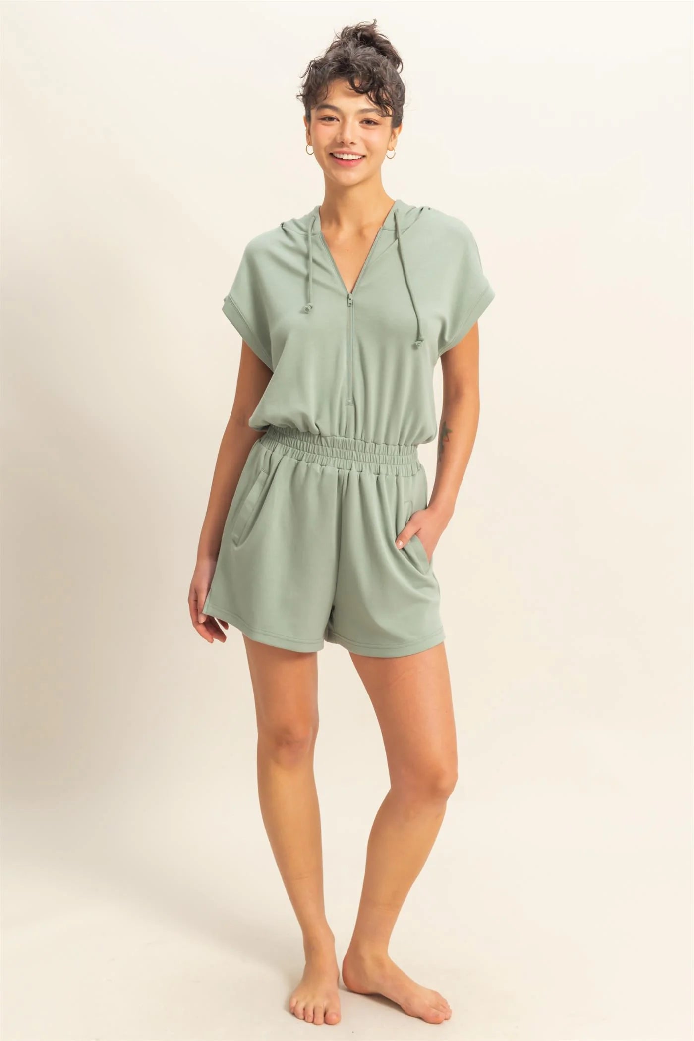 PREORDER - Running Errands Half Zip Hooded Romper