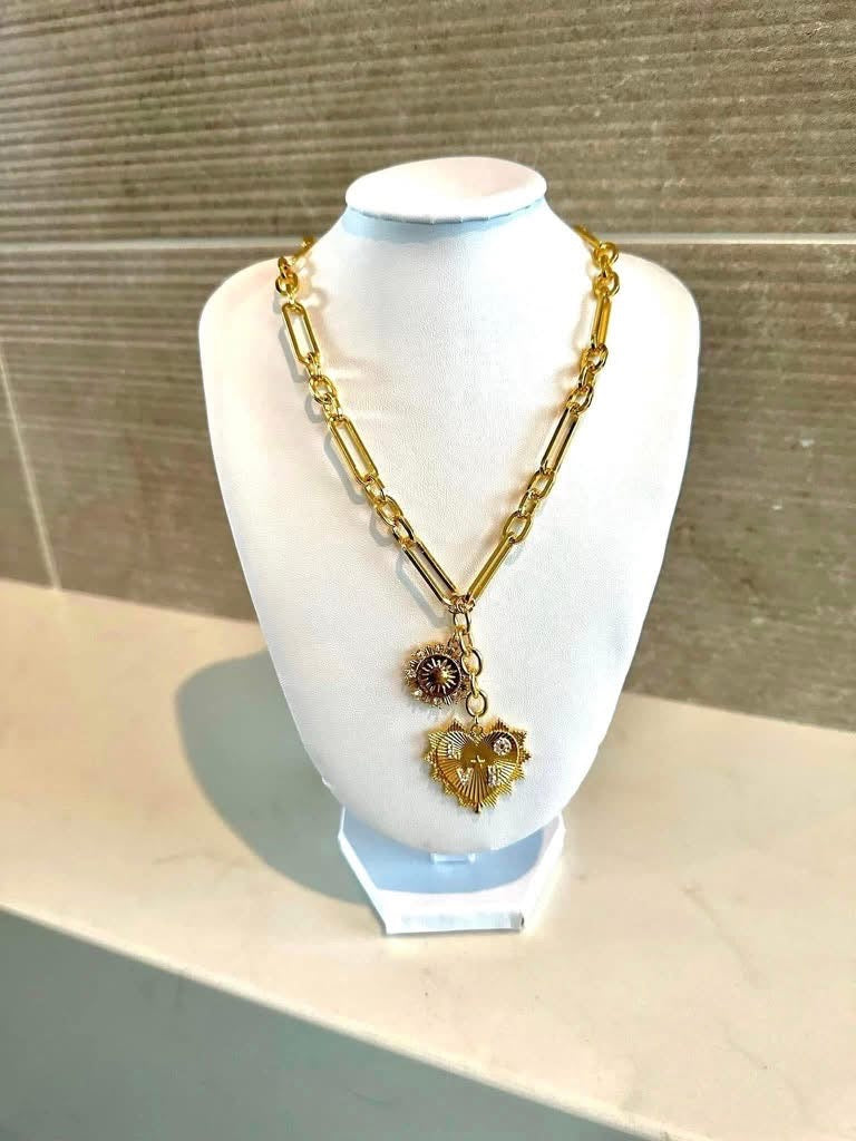 Sun and Heart Pendant Necklace - 18K Plated