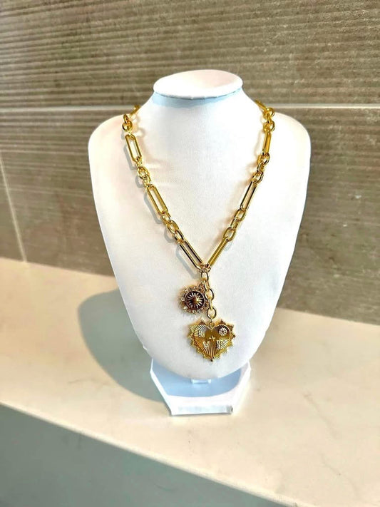 Sun and Heart Pendant Necklace - 18K Plated