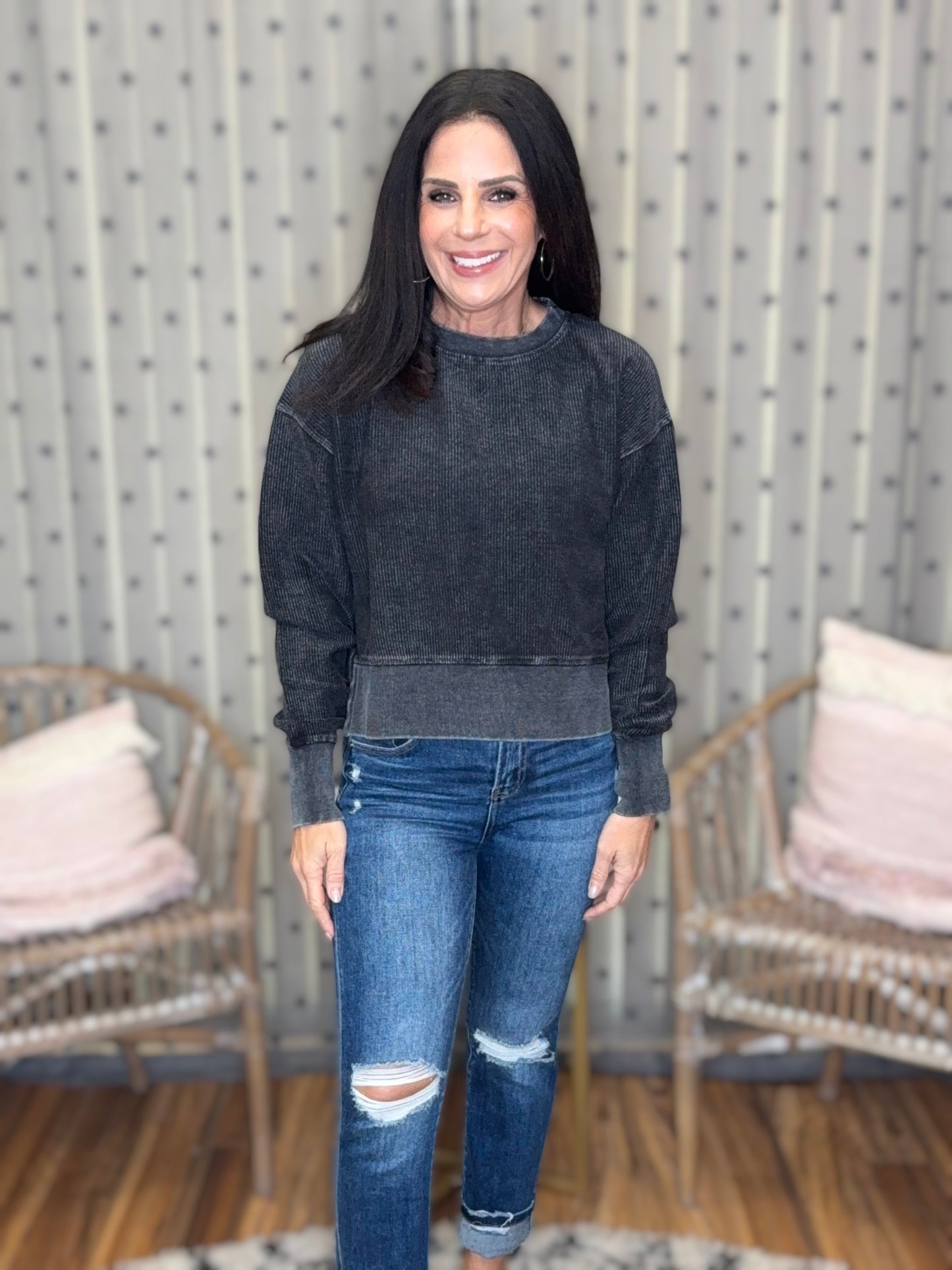 Corded Cropped Side Slit Crew - 2 colors