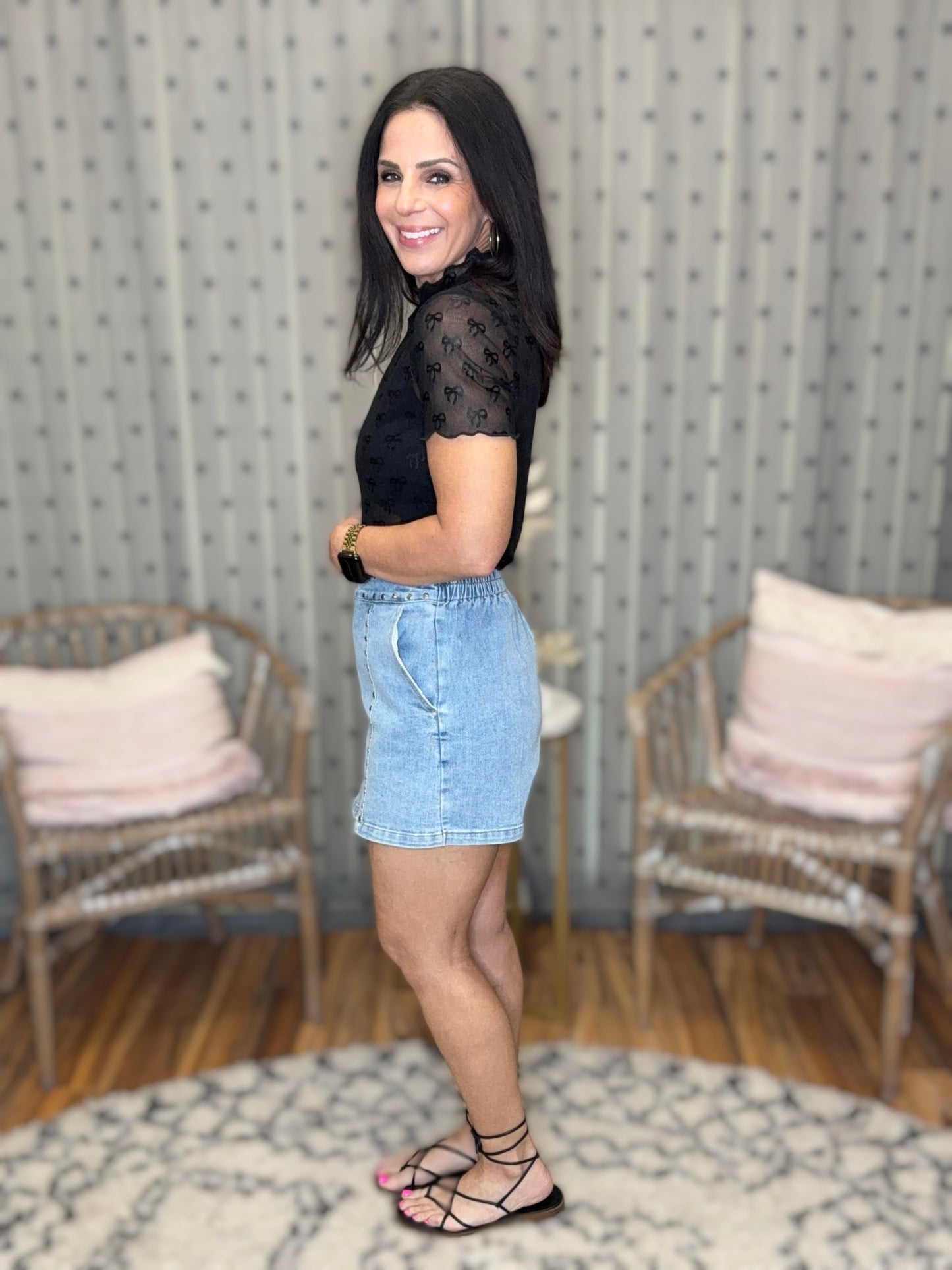 Black Bow Mesh Short Sleeve Top