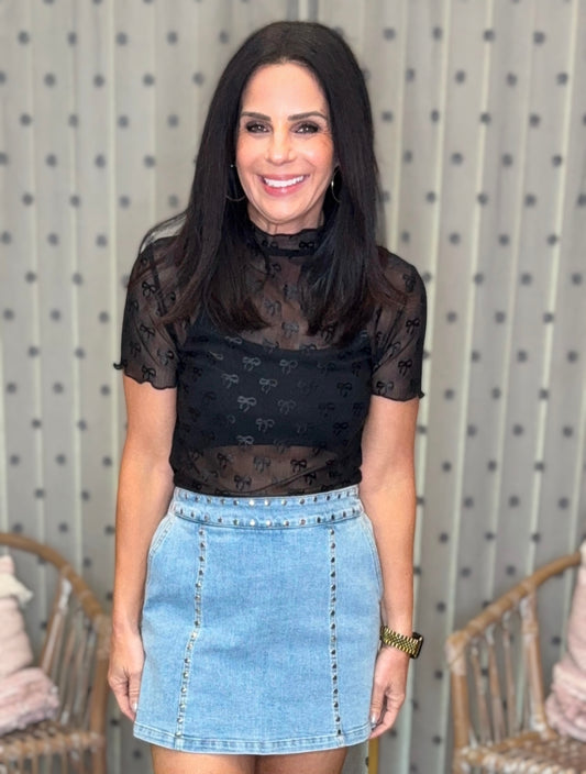 Black Bow Mesh Short Sleeve Top