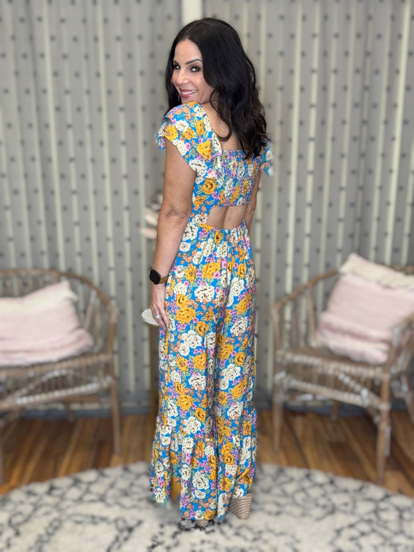 Blue Floral Cutout Jumpsuit