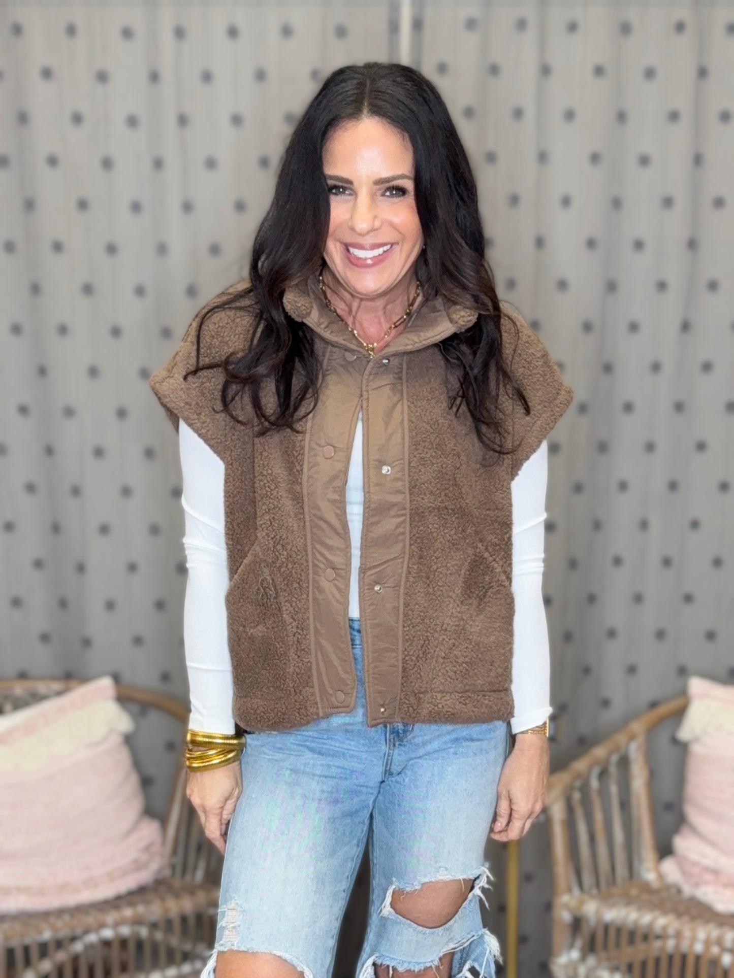 Quilted Collar Boxy Sherpa Vest