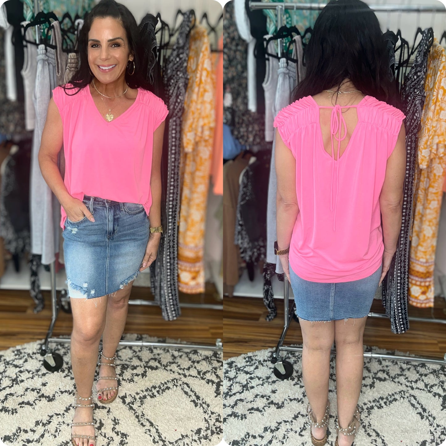 Ruched Cap Sleeve Top in Neon Pink