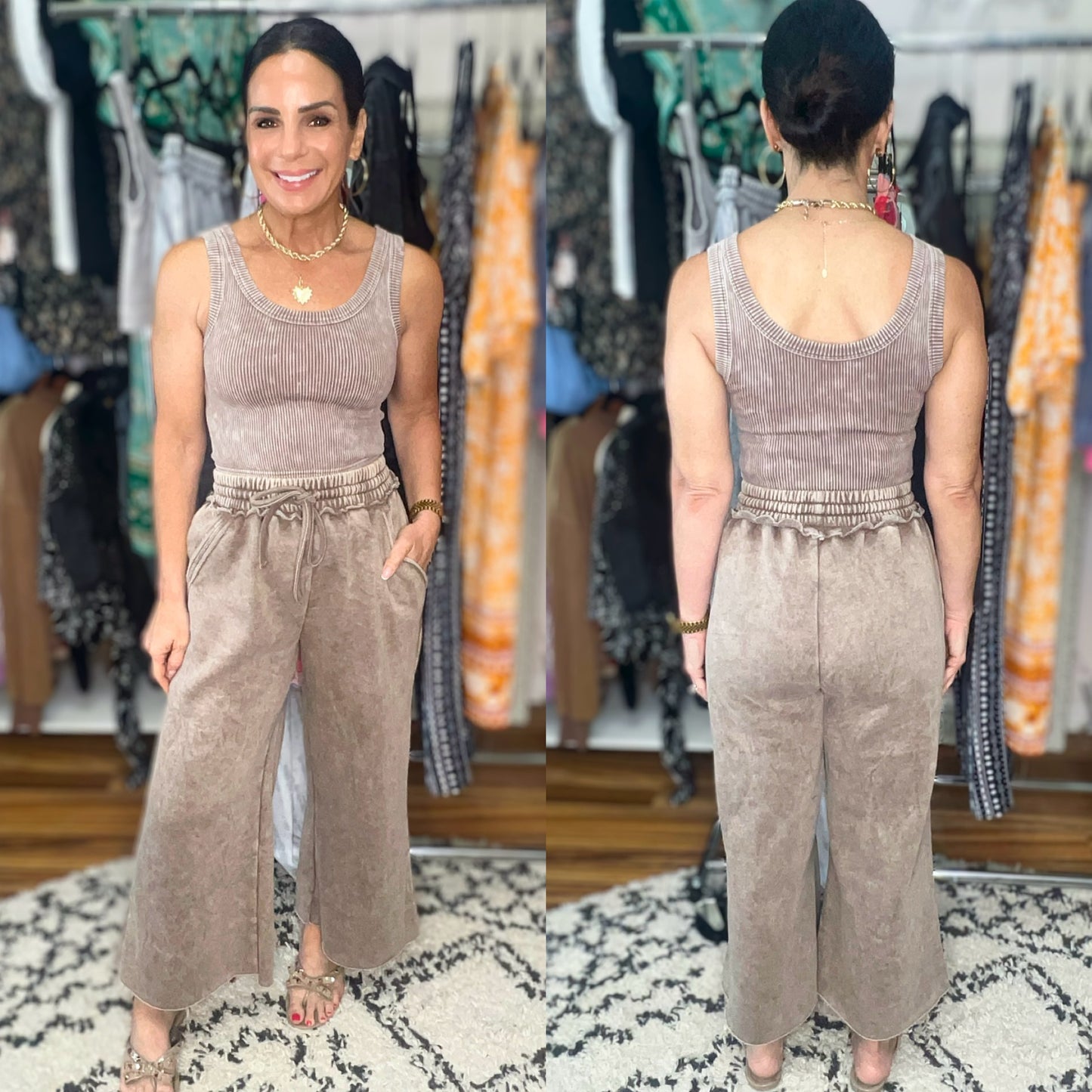 Acid Wash Wide Leg Sweatpants in Mocha