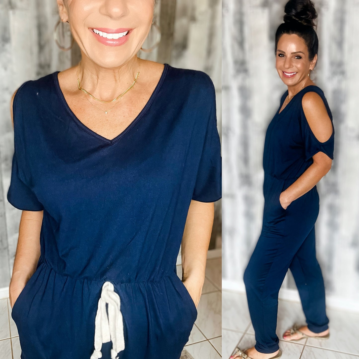 Andi V-Neck Cold-Shoulder Jumpsuit with Pockets