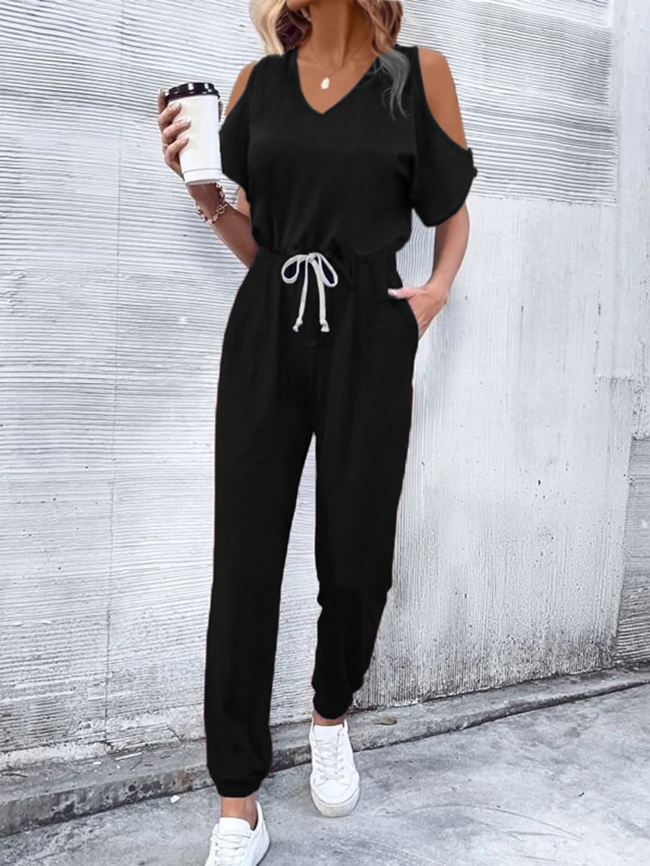 Andi V-Neck Cold-Shoulder Jumpsuit with Pockets