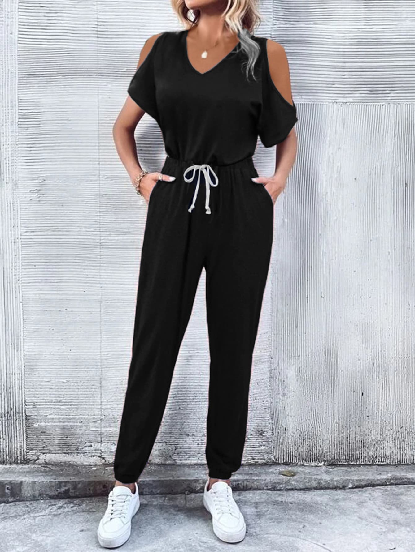 Andi V-Neck Cold-Shoulder Jumpsuit with Pockets