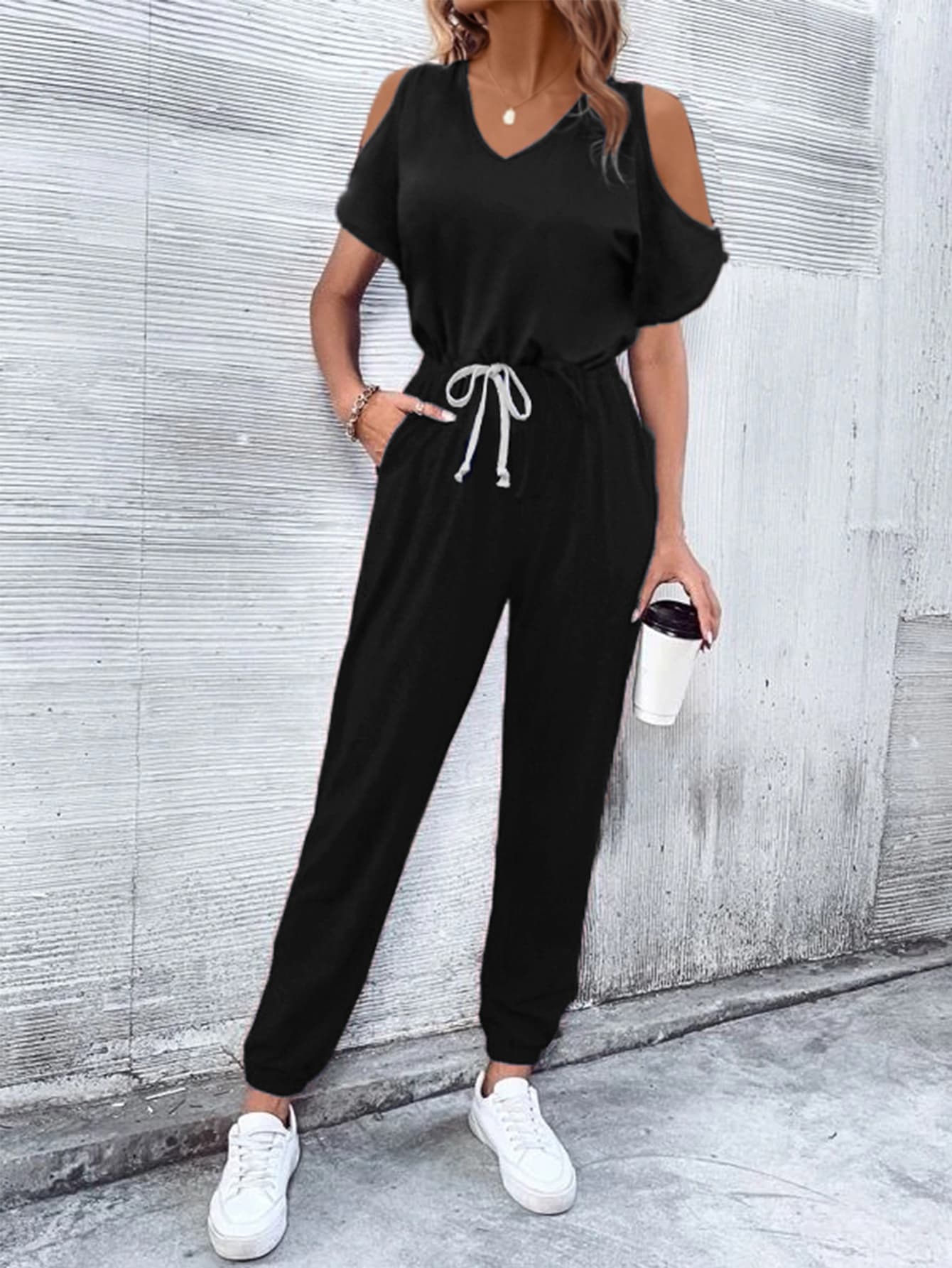 Andi V-Neck Cold-Shoulder Jumpsuit with Pockets