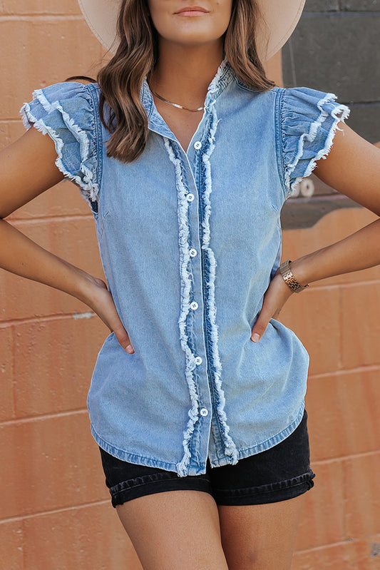 Raw Hem Button Up Cap Sleeve Denim Top - 3 colors