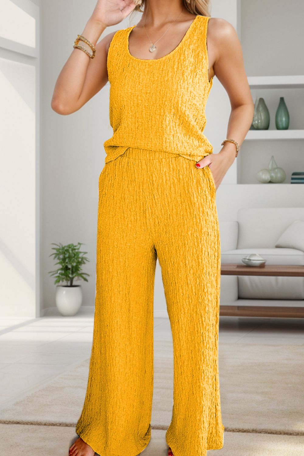 Caitlyn Textured Round Neck Top and Wide Leg Pants Set - 2 colors