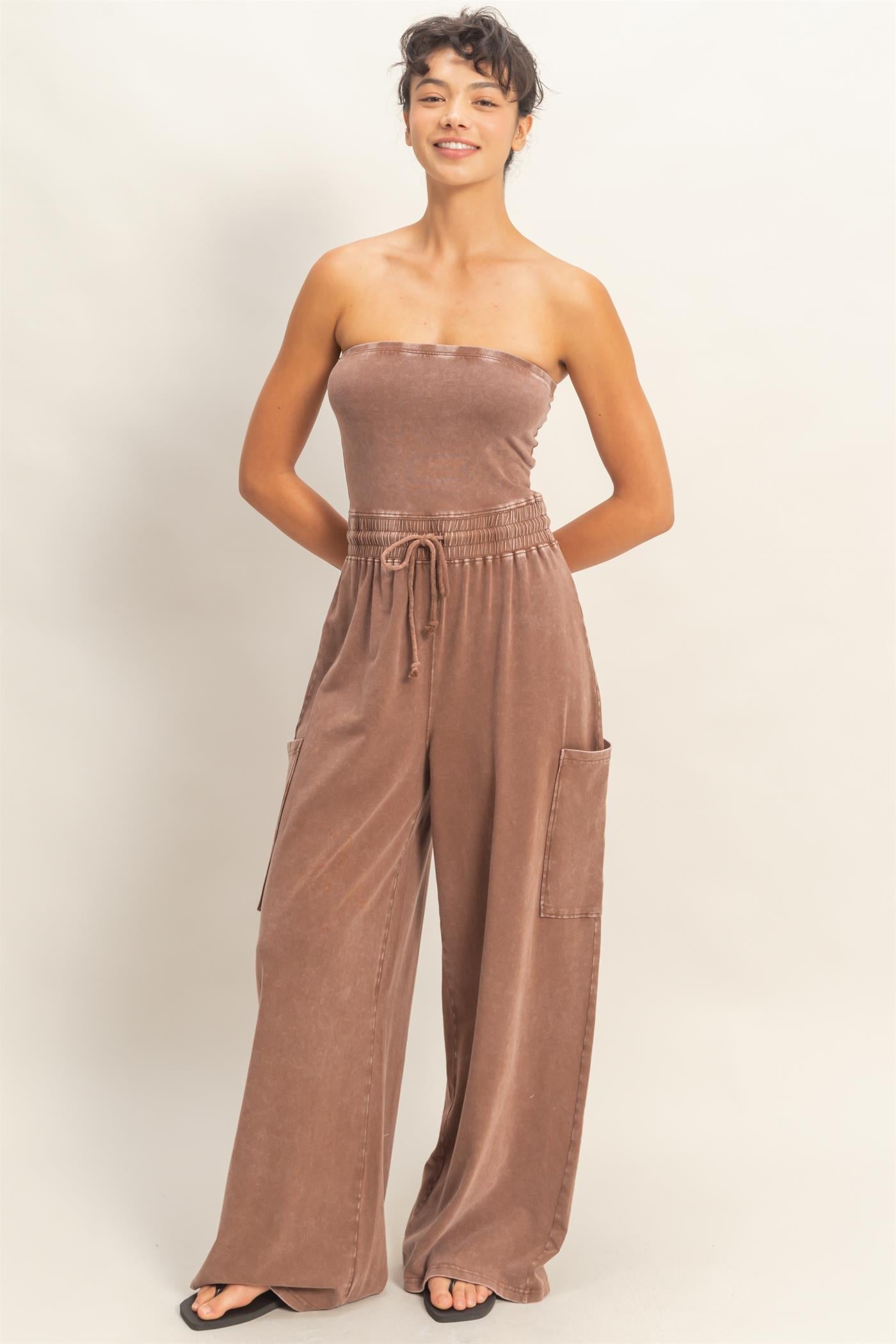 Mineral Wash Strapless Wide-Leg Jumpsuit