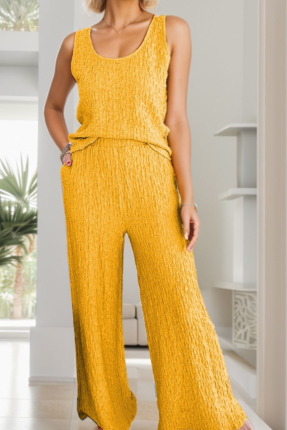 Caitlyn Textured Round Neck Top and Wide Leg Pants Set - 2 colors