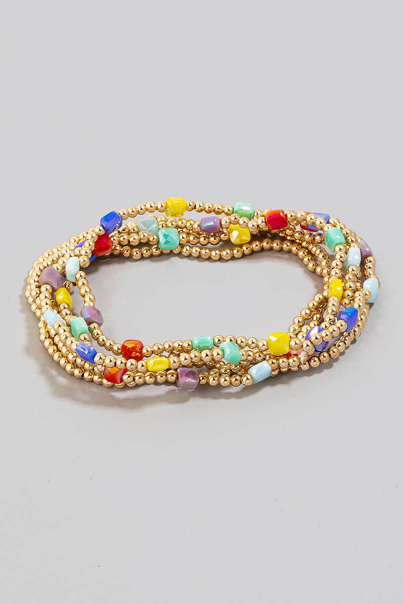 Faceted Glass And Metallic Beaded Bracelet Set - 3 colors