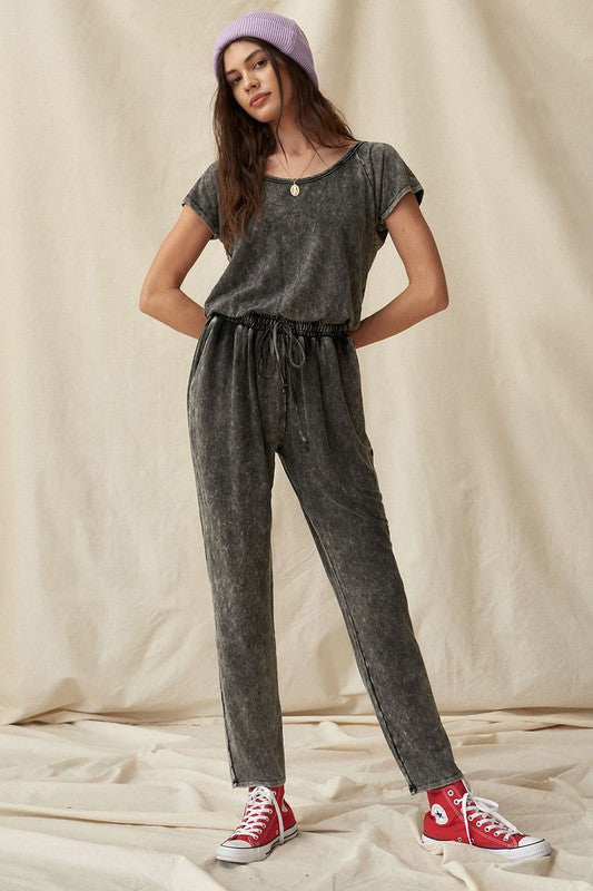 Charcoal Mineral Wash Open-Back Jogger Jumpsuit