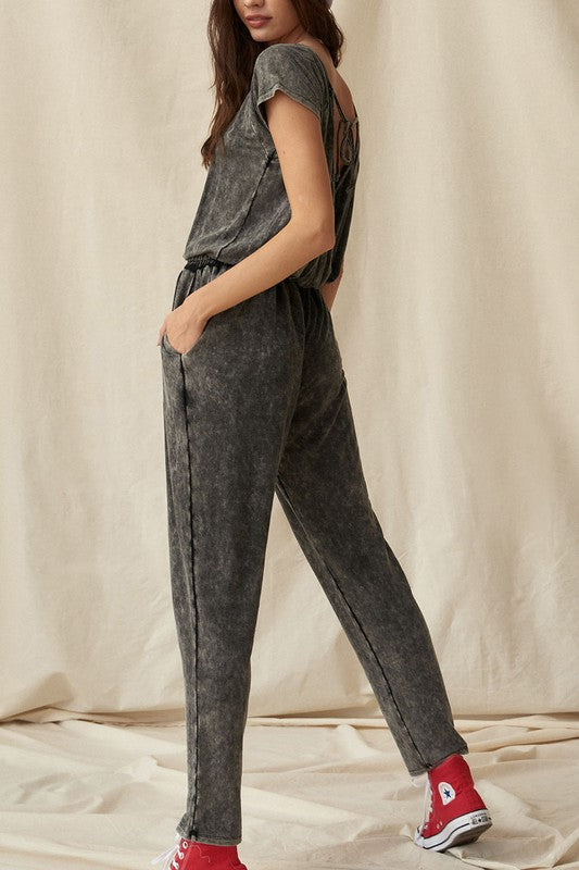 Charcoal Mineral Wash Open-Back Jogger Jumpsuit