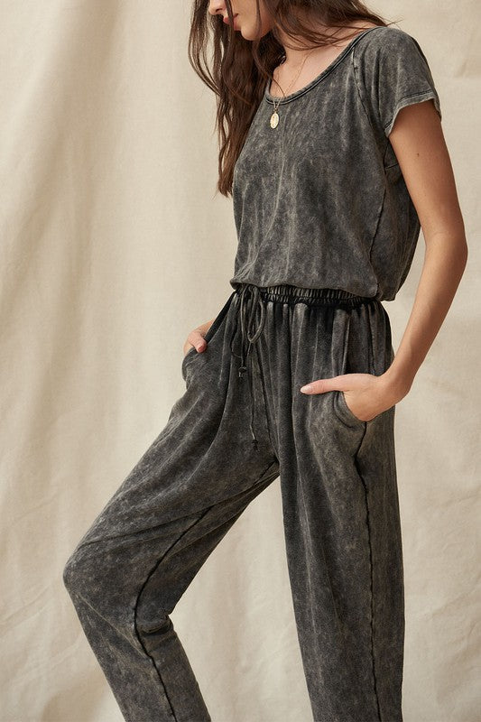 Charcoal Mineral Wash Open-Back Jogger Jumpsuit