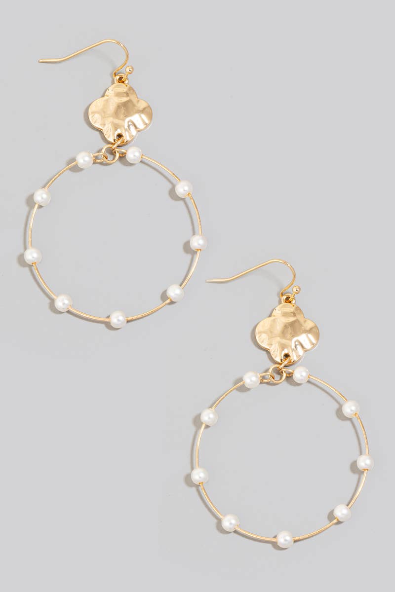 Hammered Clover Pearl Beaded Station Hoop Drop Earring - 2 colors