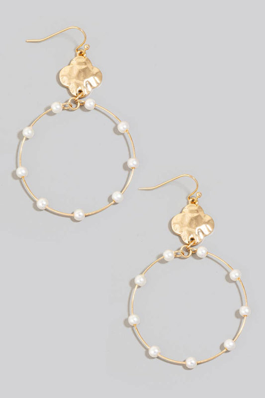 Hammered Clover Pearl Beaded Station Hoop Drop Earring - 2 colors