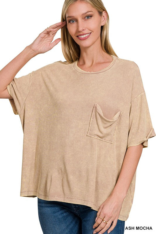 Washed Ribbed Cuffed Short Sleeve Round Neck Top