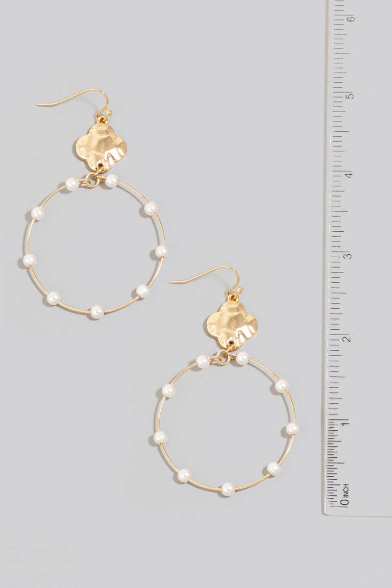 Hammered Clover Pearl Beaded Station Hoop Drop Earring - 2 colors