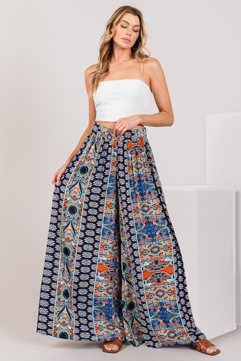 Siesta Bohemian Multi Geo Print Wide Leg Pants