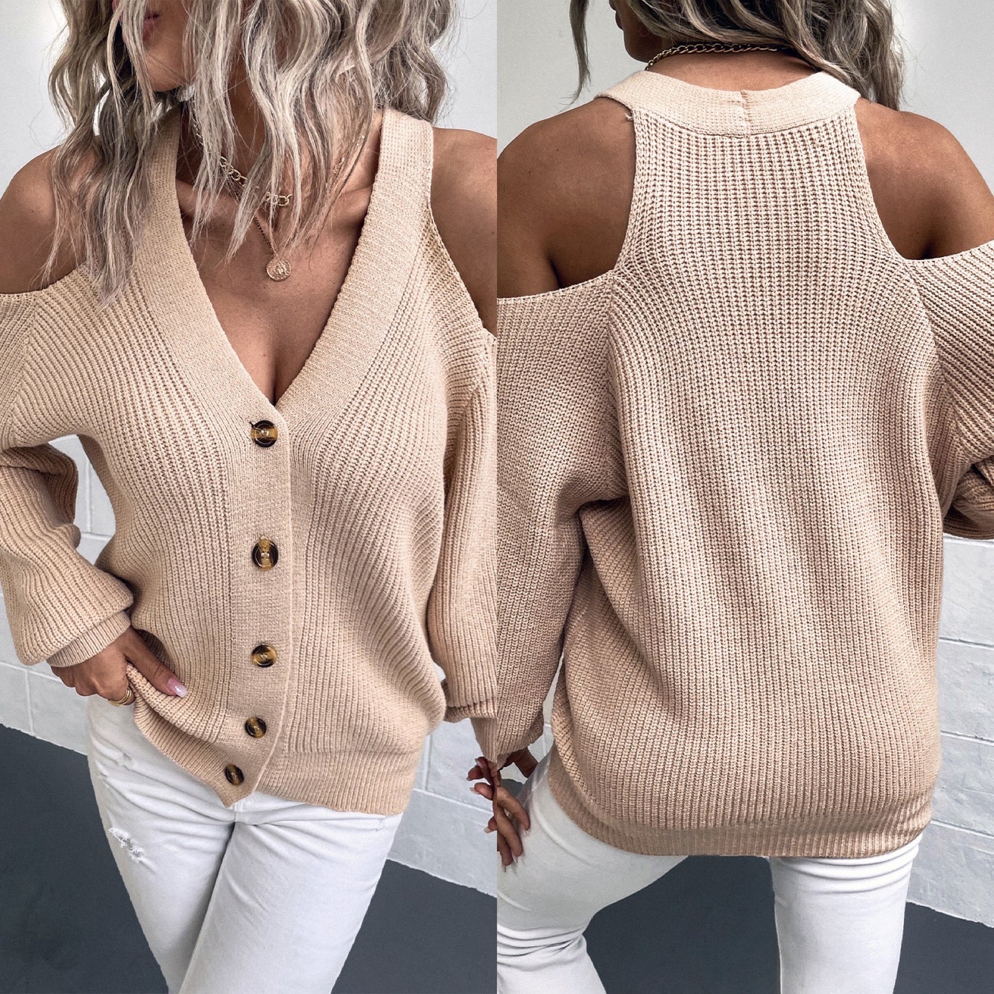 Cold Shoulder Plunge Neck Ribbed Cardigan