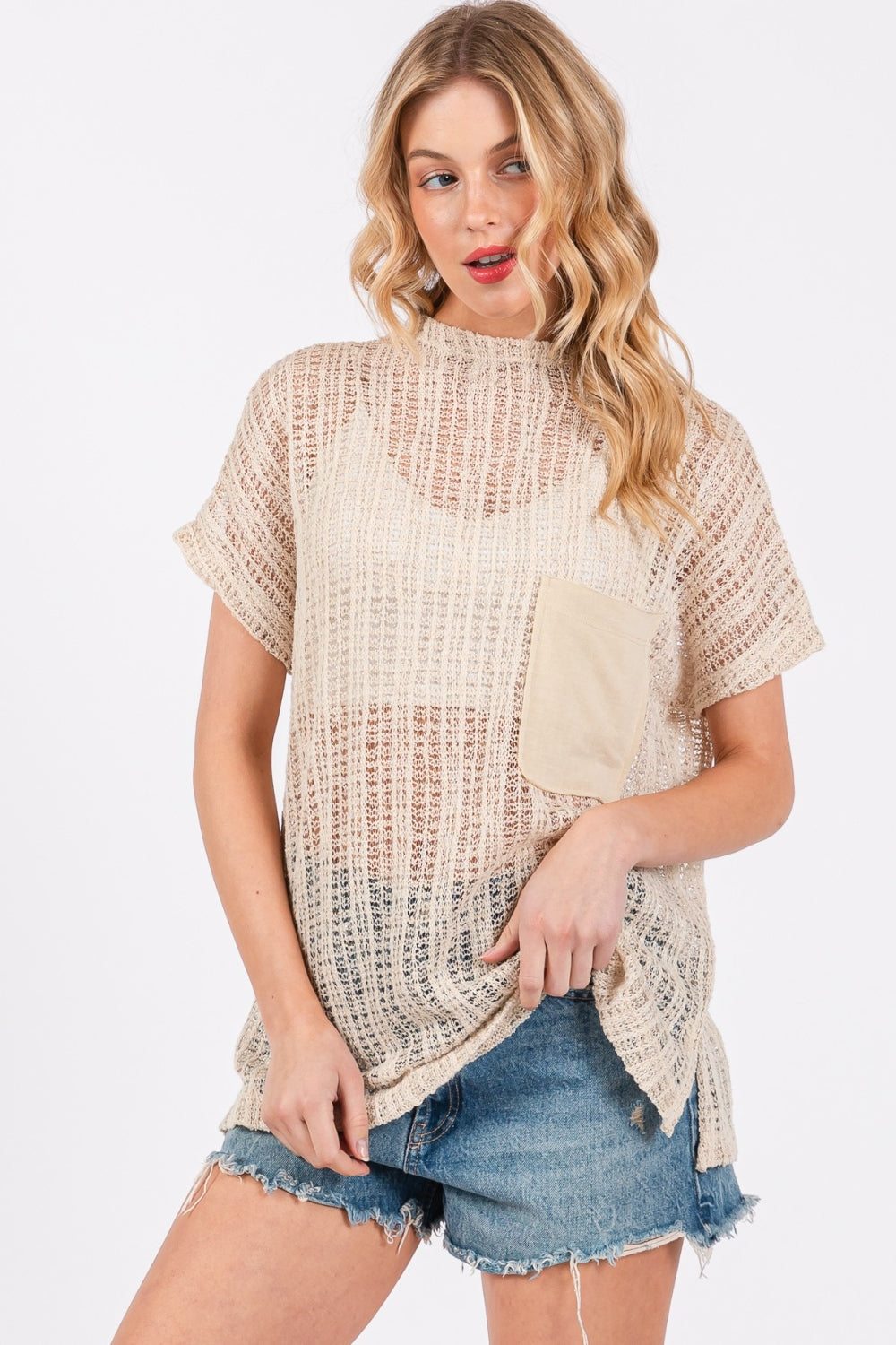 Bay Breeze Crochet Mock Neck Top