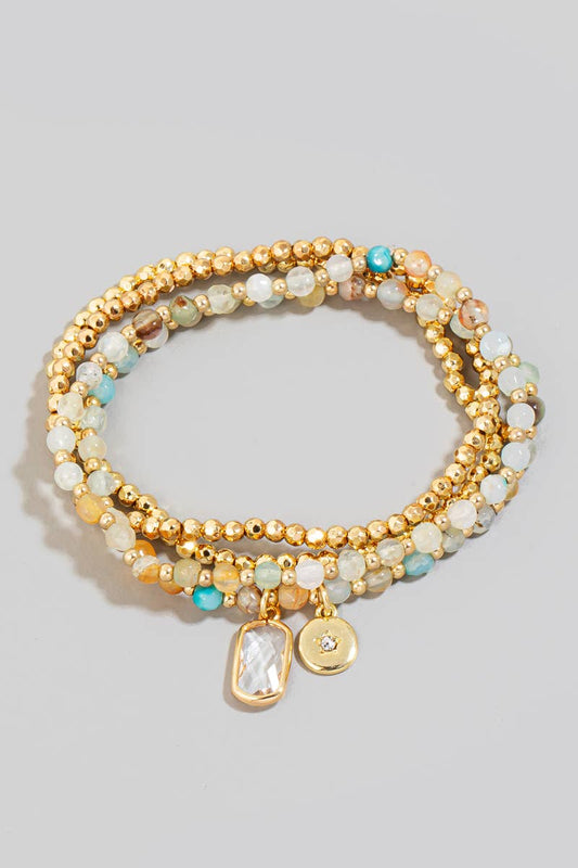 Rectangle Gem And Disc Charm Beaded Bracelet Set - 3 colors