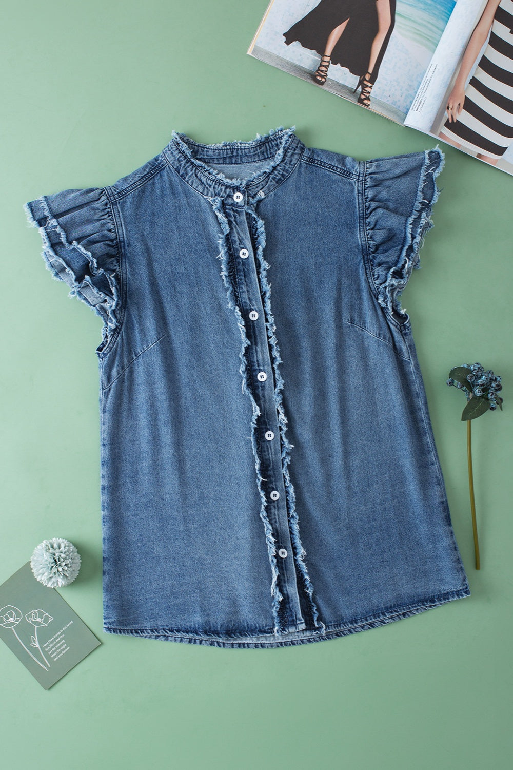 Raw Hem Button Up Cap Sleeve Denim Top - 3 colors