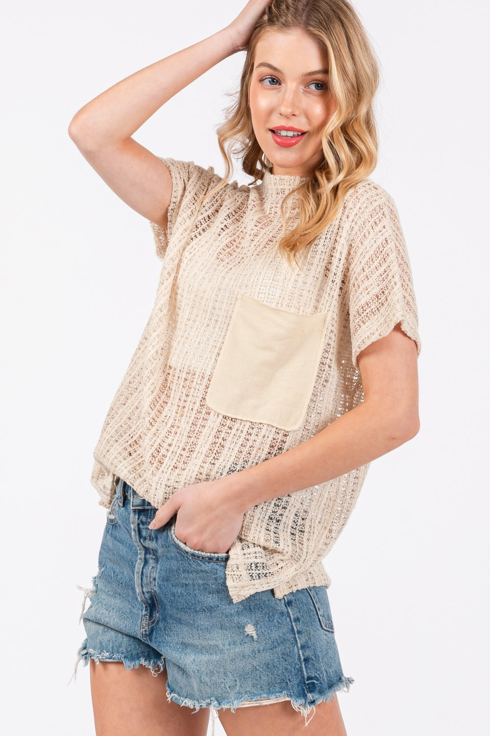 Bay Breeze Crochet Mock Neck Top