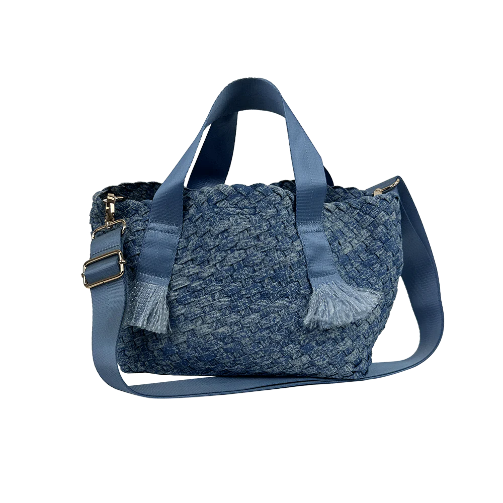 Darcy Woven Denim Tote w/ Self Handles w/ Crossbody Strap - 2 colors