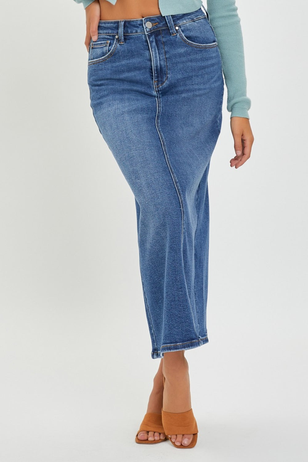 Risen High Rise Back Slit Denim Skirt