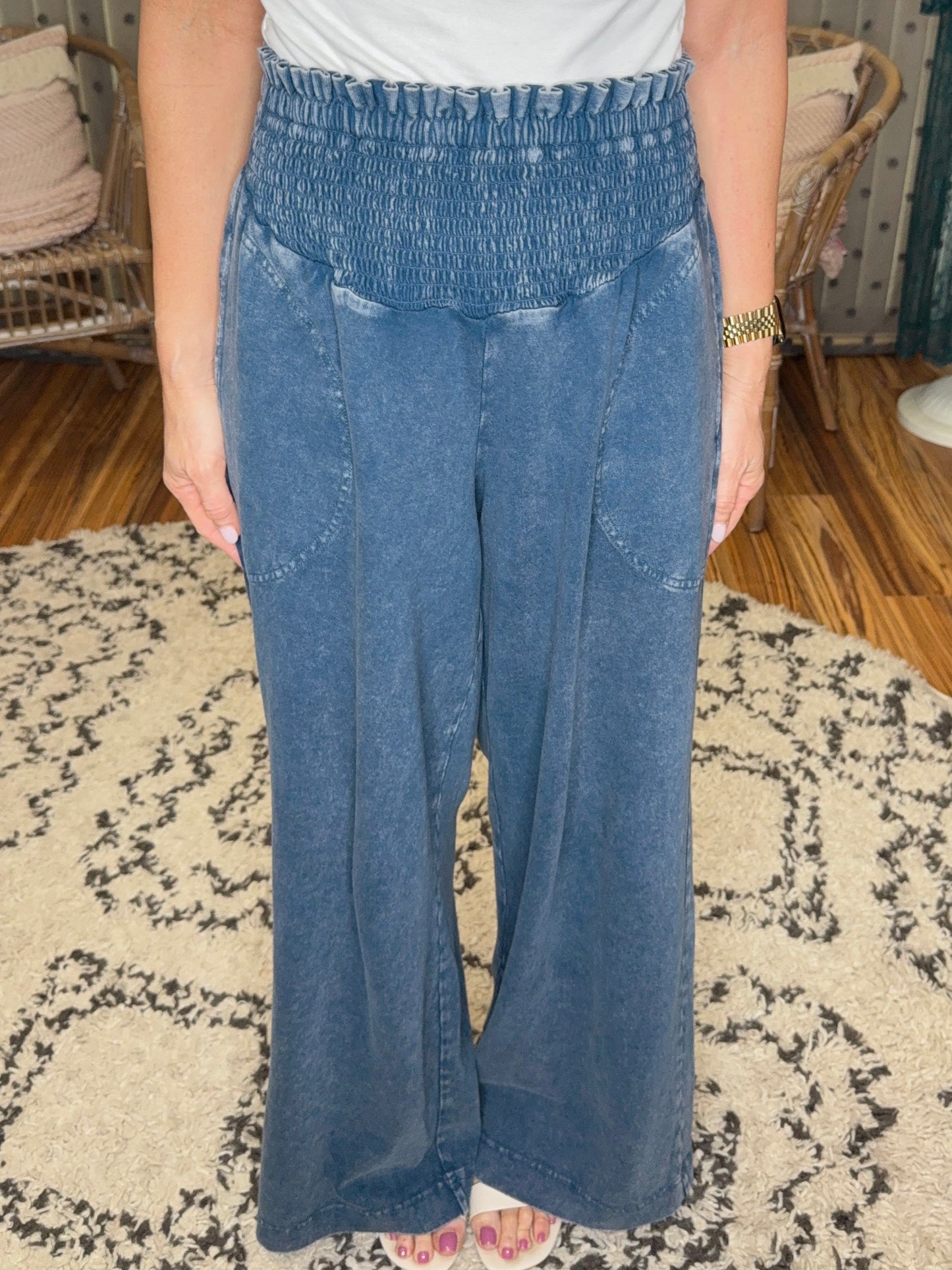 Mineral Washed Wide-Leg Smocked Waist Pants