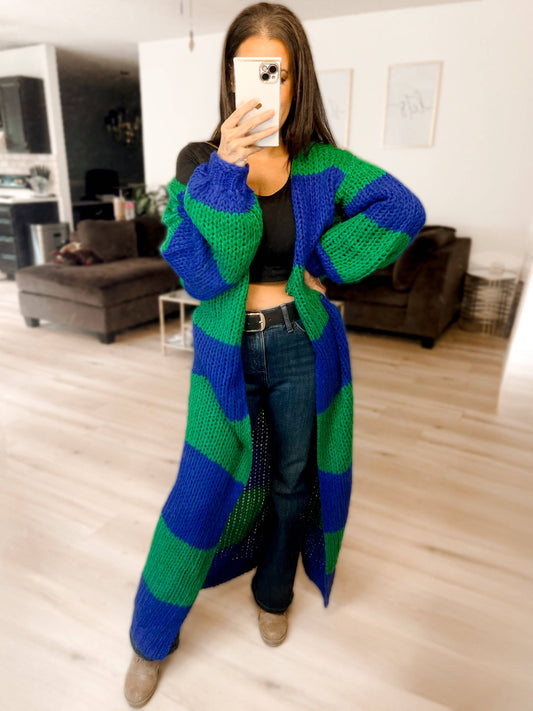 PREORDER - Oversized Chunky Striped Balloon Sleeve Duster Cardigan