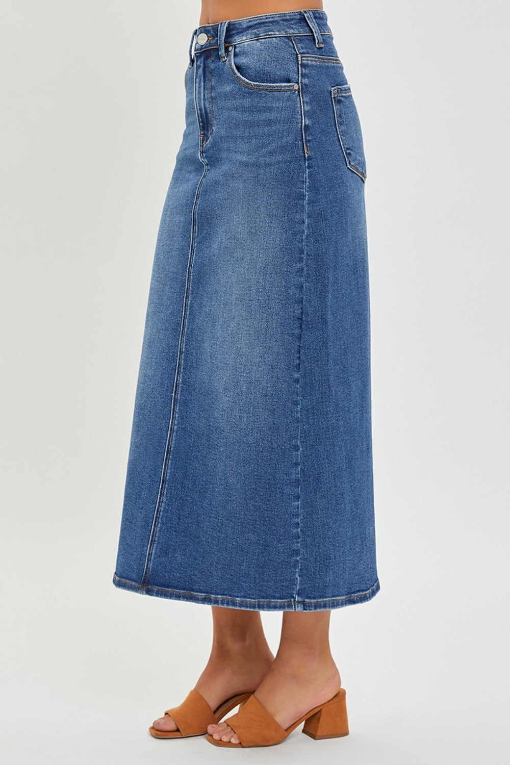 Risen High Rise Back Slit Denim Skirt