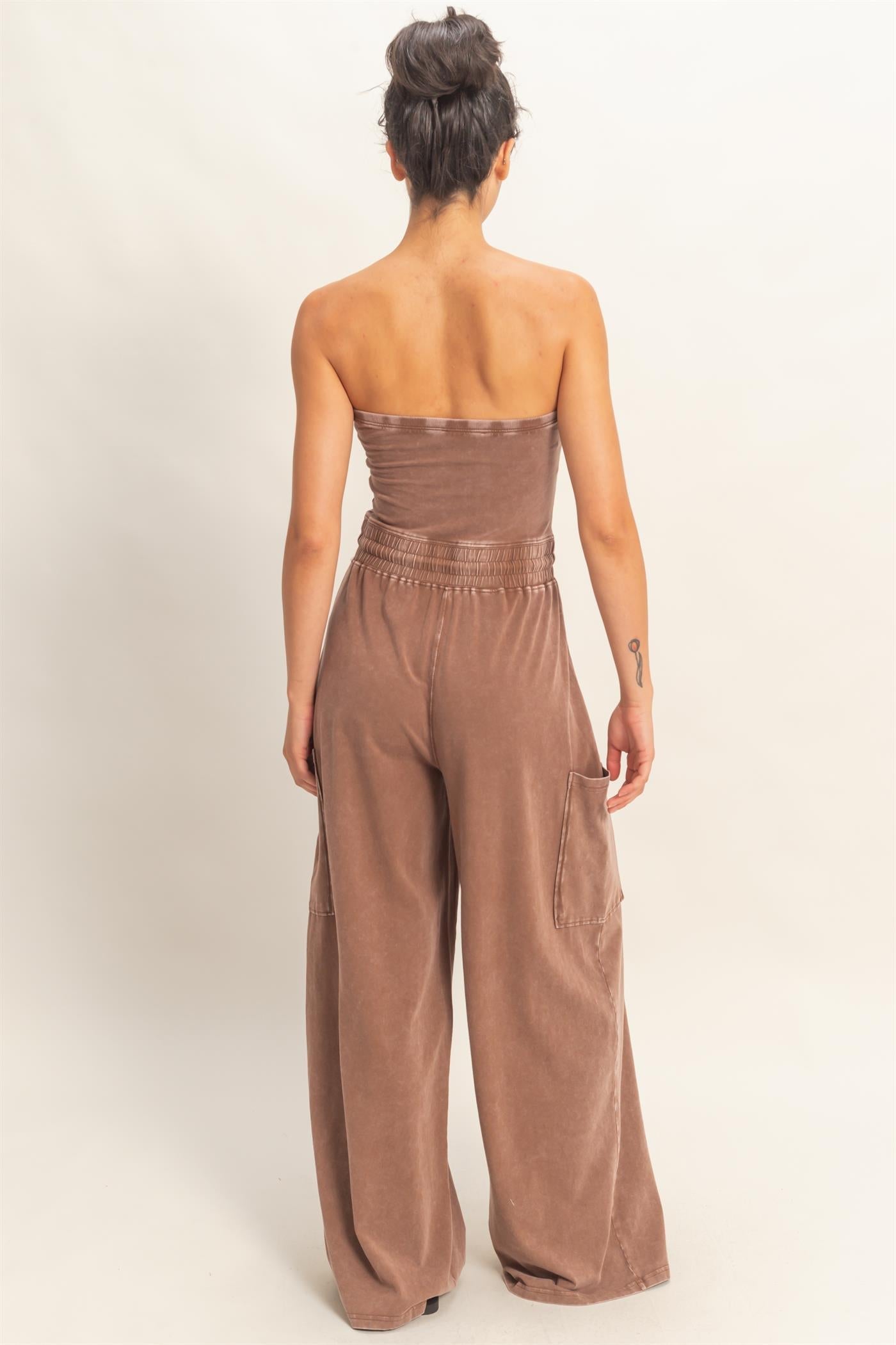 Mineral Wash Strapless Wide-Leg Jumpsuit