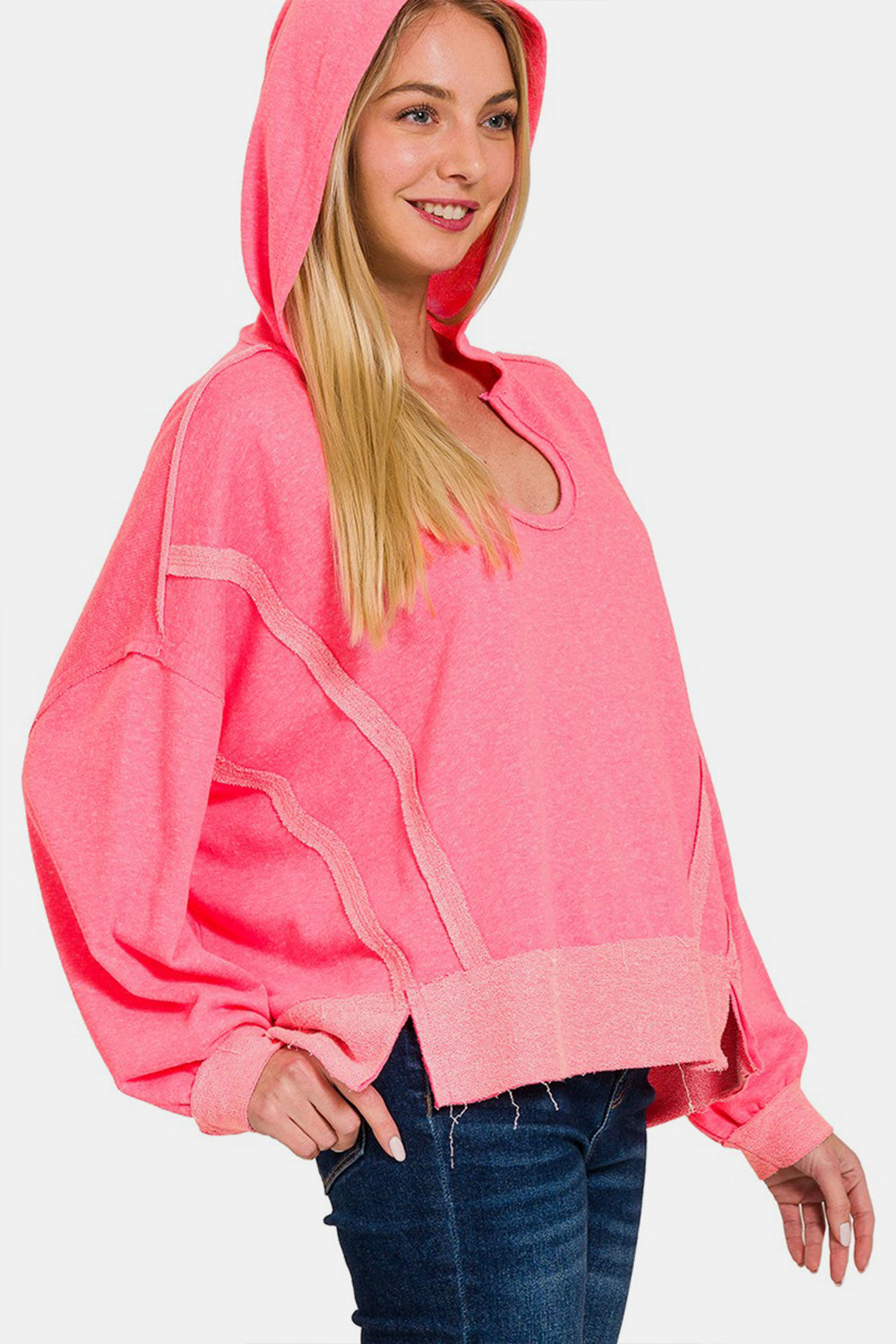 Hot Pink Contrast Trim Slit Hoodie