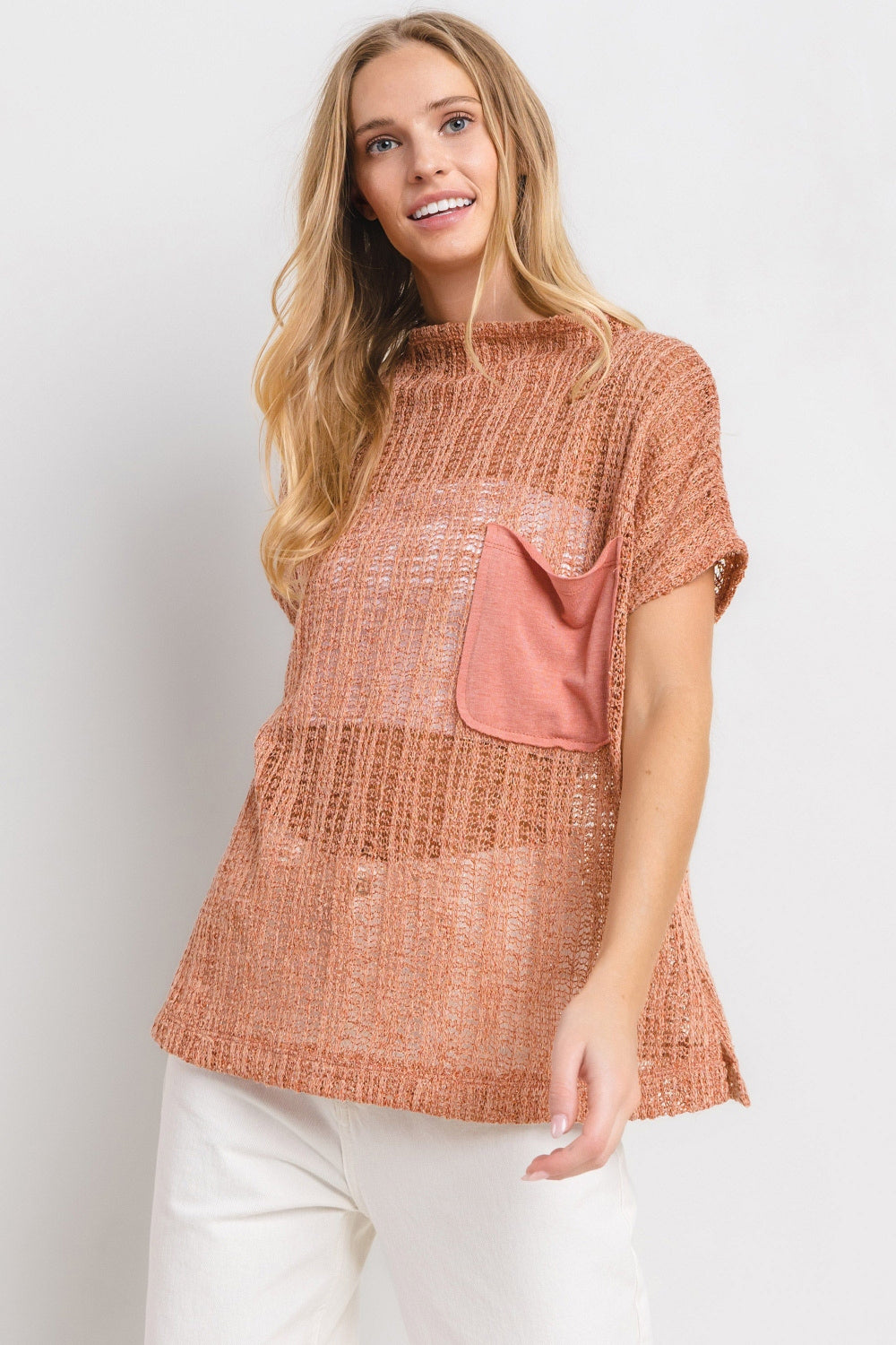 Bay Breeze Crochet Mock Neck Top