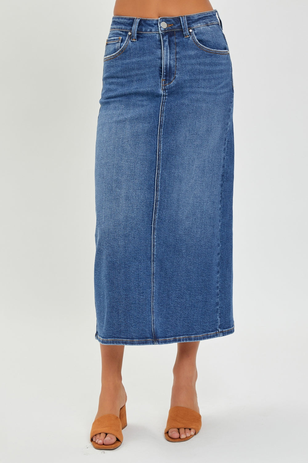 Risen High Rise Back Slit Denim Skirt