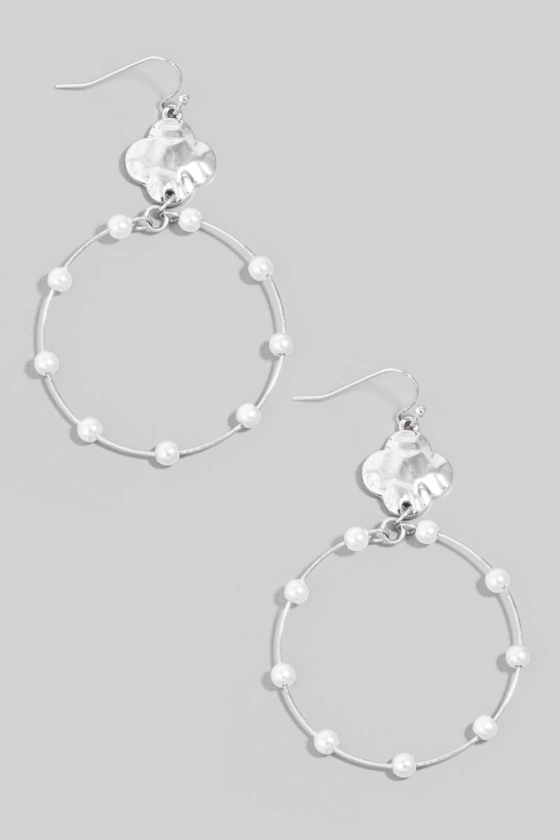 Hammered Clover Pearl Beaded Station Hoop Drop Earring - 2 colors