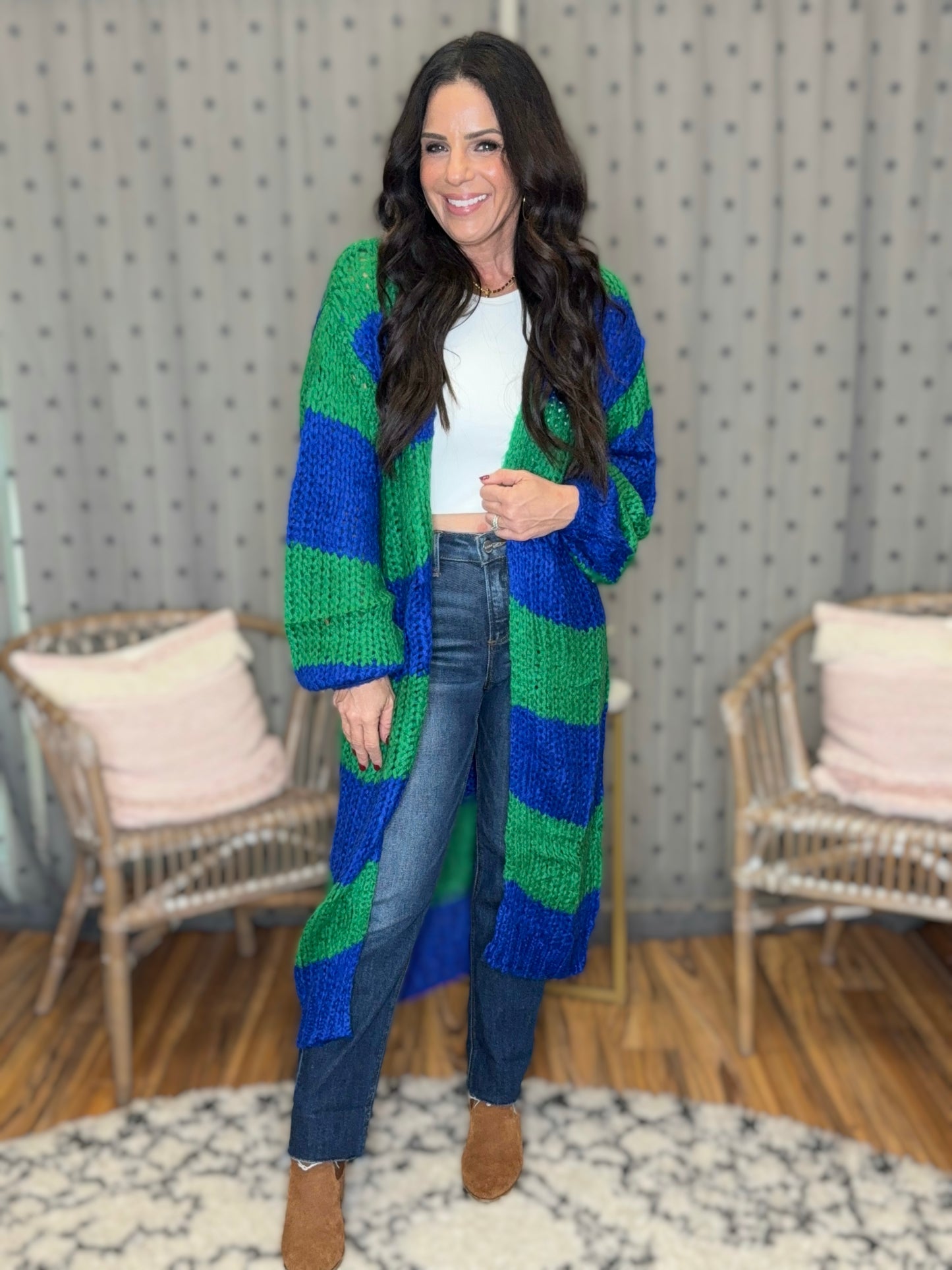 Oversized Chunky Striped Balloon Sleeve Duster Cardigan